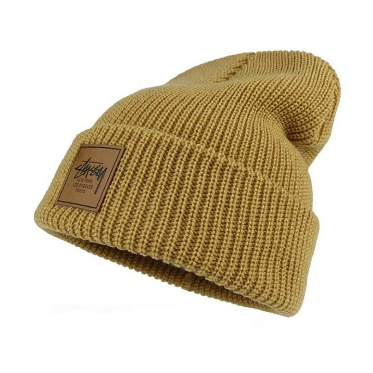wholesale beanie men with leather patch logo custom